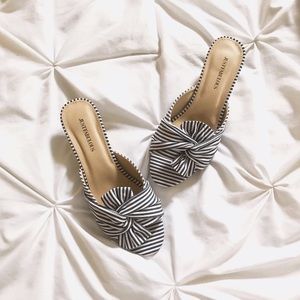 JustFab Shoes - Striped Open-Toed Kitten Heel Mules JustFab Shoes - Striped Open-Toed Kitten Heel Mules